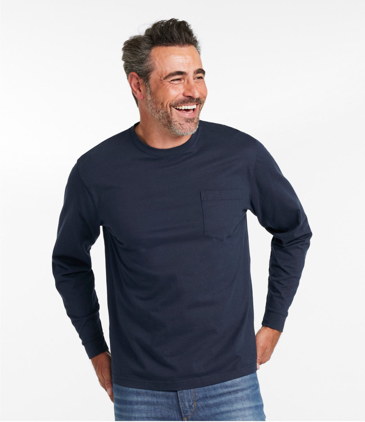 L.L.Bean Men's Carefree Unshrinkable Tee with Pocket, Traditional Fit, Long-Sleeve Navy Blue