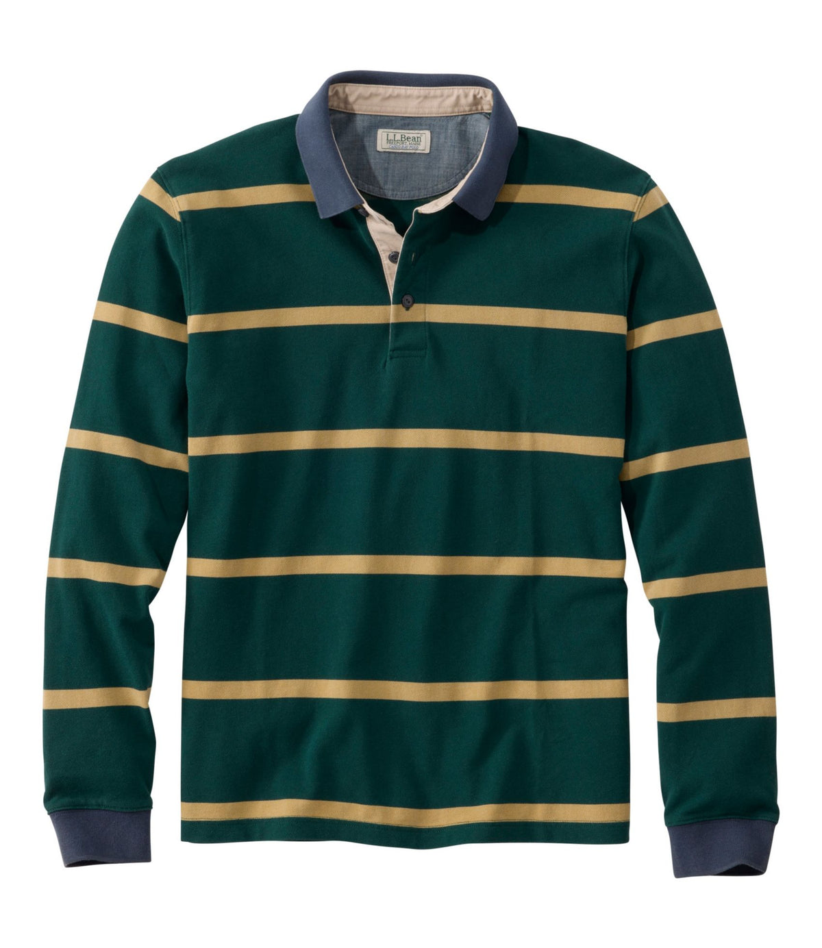 L.L.Bean Men's Casco Bay Rugged Polo, Long-Sleeve, Stripe Deepest Green Stripe