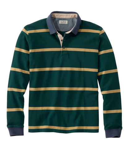 L.L.Bean Men's Casco Bay Rugged Polo, Long-Sleeve, Stripe Deepest Green Stripe
