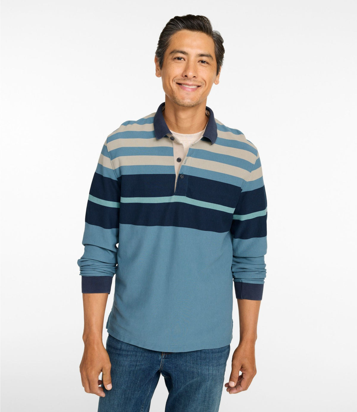 L.L.Bean Men's Casco Bay Rugged Polo, Long-Sleeve, Stripe Deepest Green Stripe