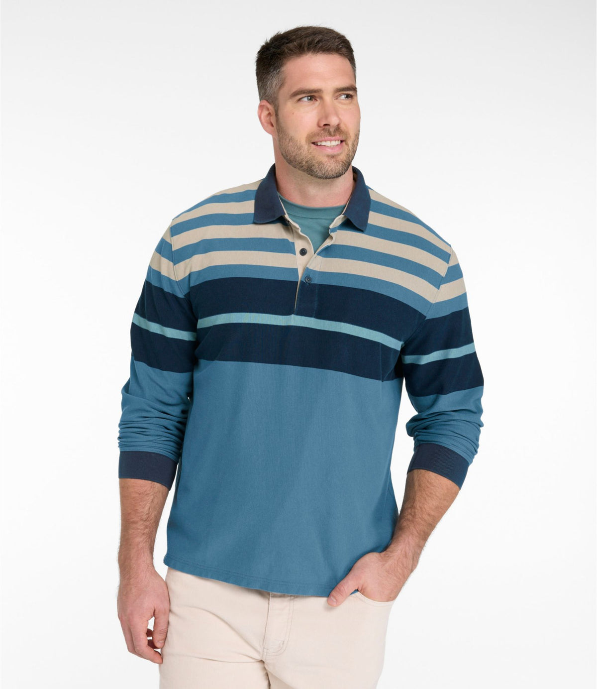 L.L.Bean Men's Casco Bay Rugged Polo, Long-Sleeve, Stripe Deepest Green Stripe