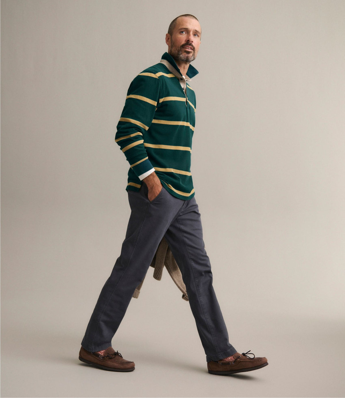 L.L.Bean Men's Casco Bay Rugged Polo, Long-Sleeve, Stripe Deepest Green Stripe