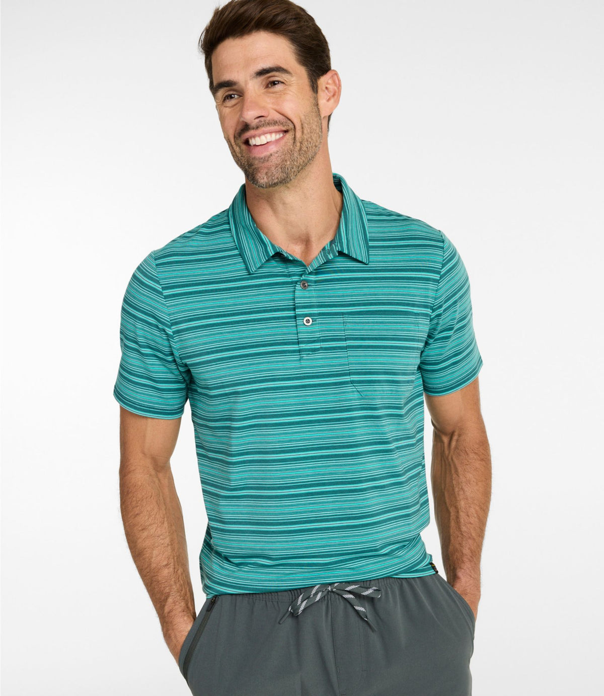 L.L.Bean Men's Everyday SunSmart® Polo 2.0, Short-Sleeve Stripe Dark Bronze Stripe