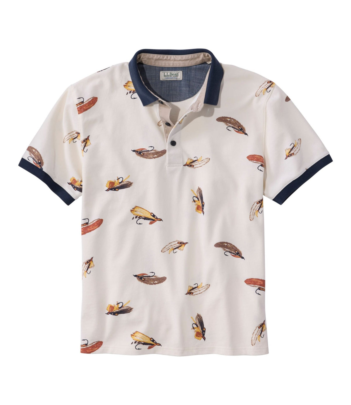 L.L.Bean Men's Casco Bay Rugged Polo, Short-Sleeve, Print Bone Tied Flies