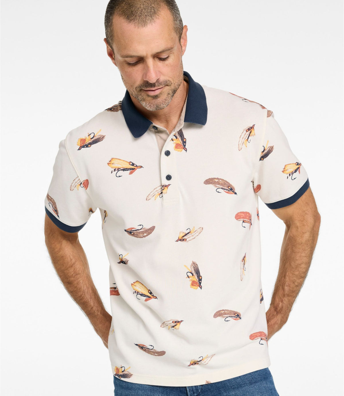 L.L.Bean Men's Casco Bay Rugged Polo, Short-Sleeve, Print Bone Tied Flies