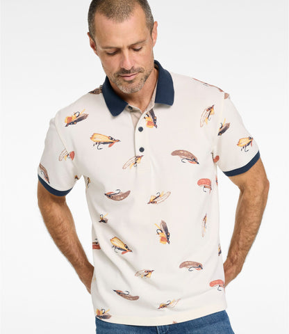 L.L.Bean Men's Casco Bay Rugged Polo, Short-Sleeve, Print Bone Tied Flies