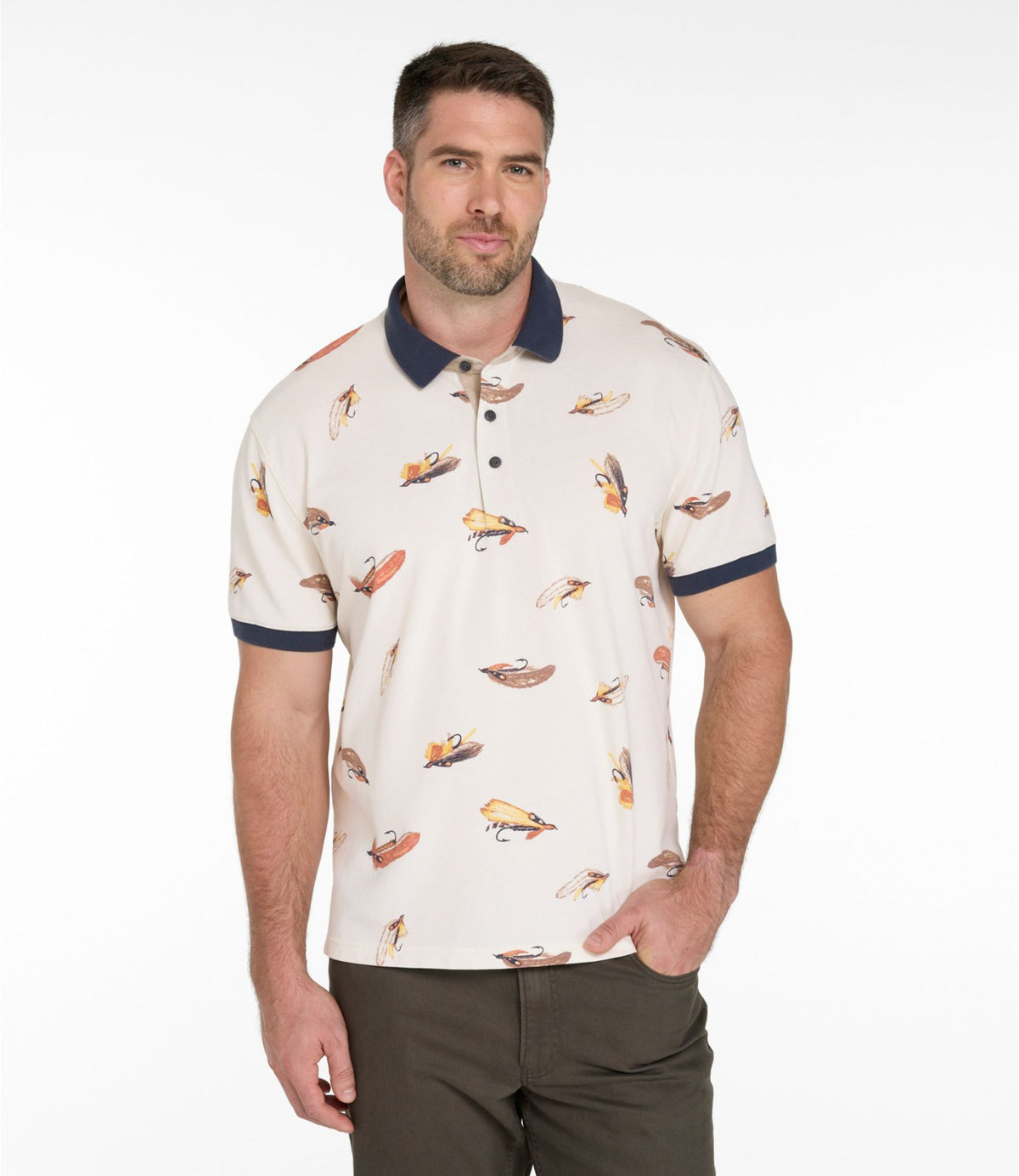 L.L.Bean Men's Casco Bay Rugged Polo, Short-Sleeve, Print Bone Tied Flies
