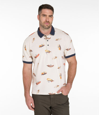 L.L.Bean Men's Casco Bay Rugged Polo, Short-Sleeve, Print Bone Tied Flies
