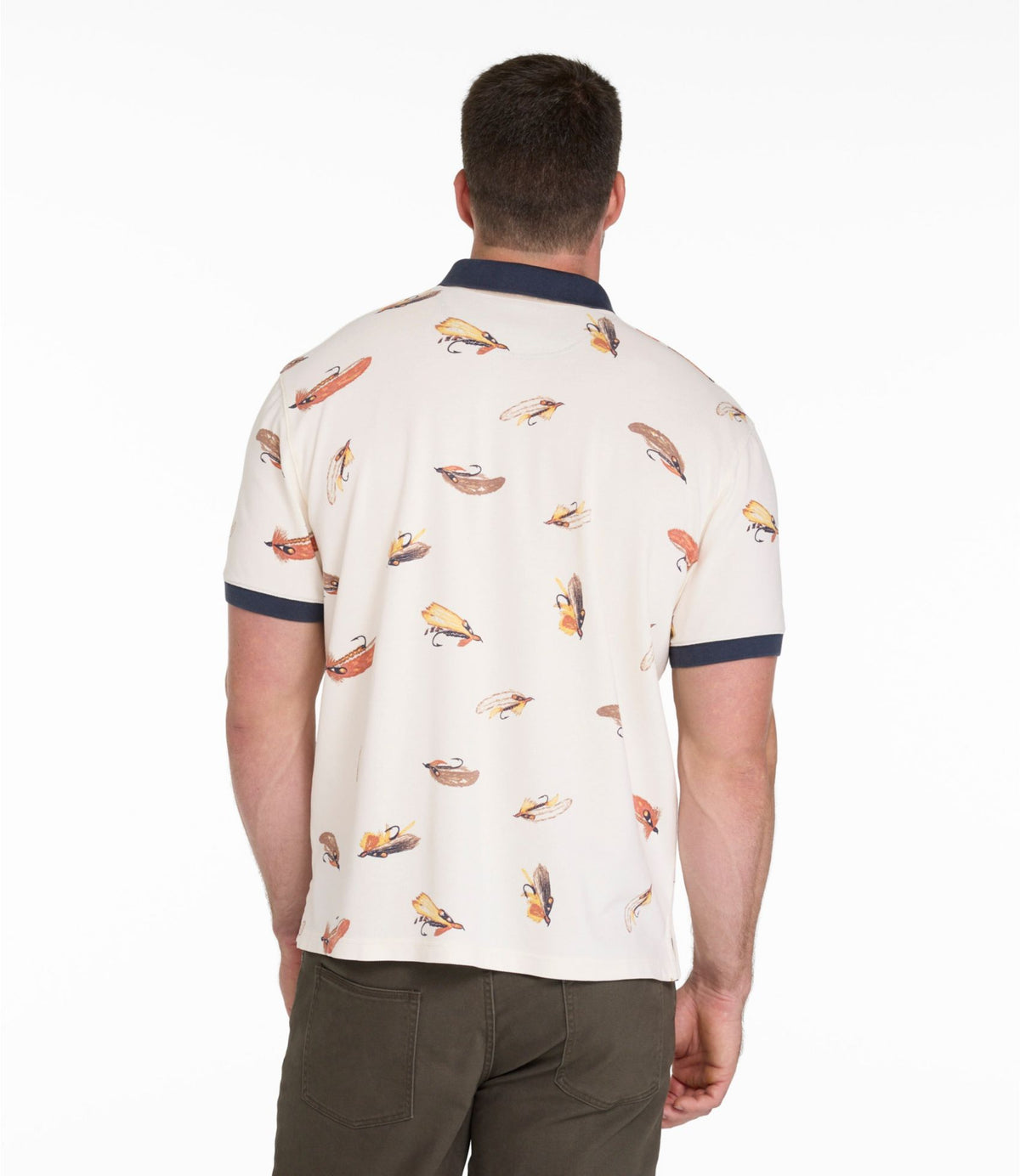 L.L.Bean Men's Casco Bay Rugged Polo, Short-Sleeve, Print Bone Tied Flies