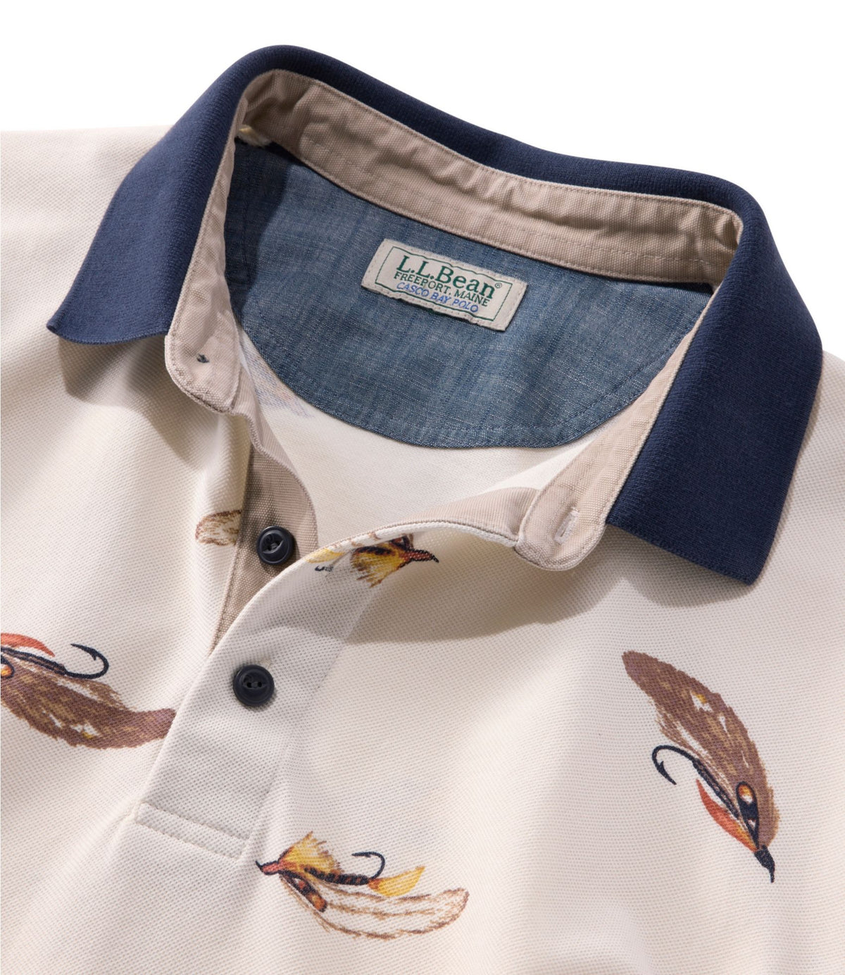 L.L.Bean Men's Casco Bay Rugged Polo, Short-Sleeve, Print Bone Tied Flies