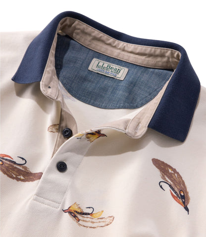 L.L.Bean Men's Casco Bay Rugged Polo, Short-Sleeve, Print Bone Tied Flies
