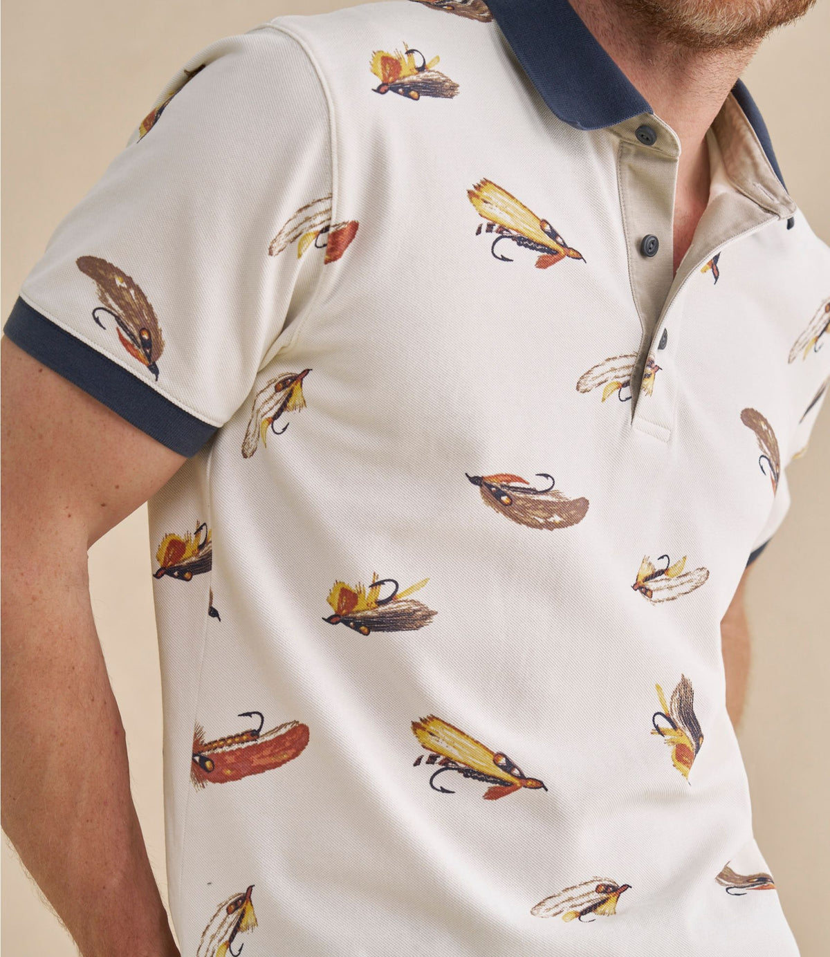 L.L.Bean Men's Casco Bay Rugged Polo, Short-Sleeve, Print Bone Tied Flies