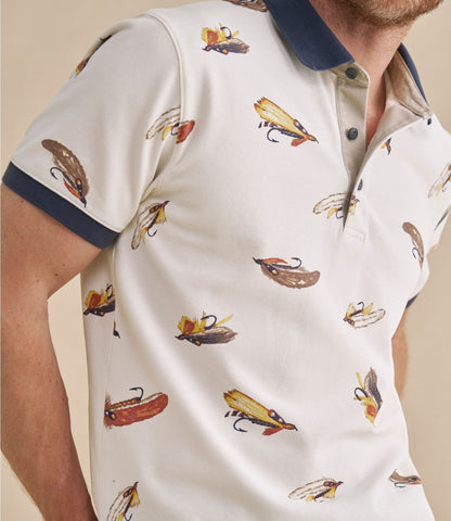 L.L.Bean Men's Casco Bay Rugged Polo, Short-Sleeve, Print Bone Tied Flies