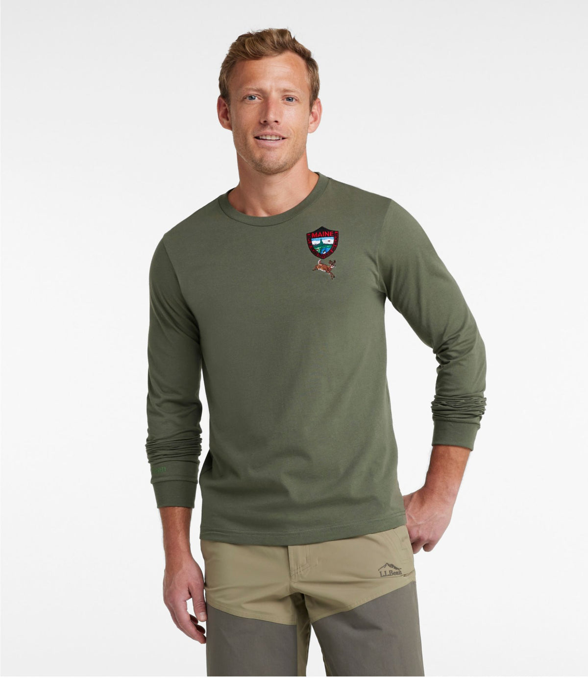 L.L.Bean Men's MIF&W Tee, Long-Sleeve White-Tailed Deer Military Green