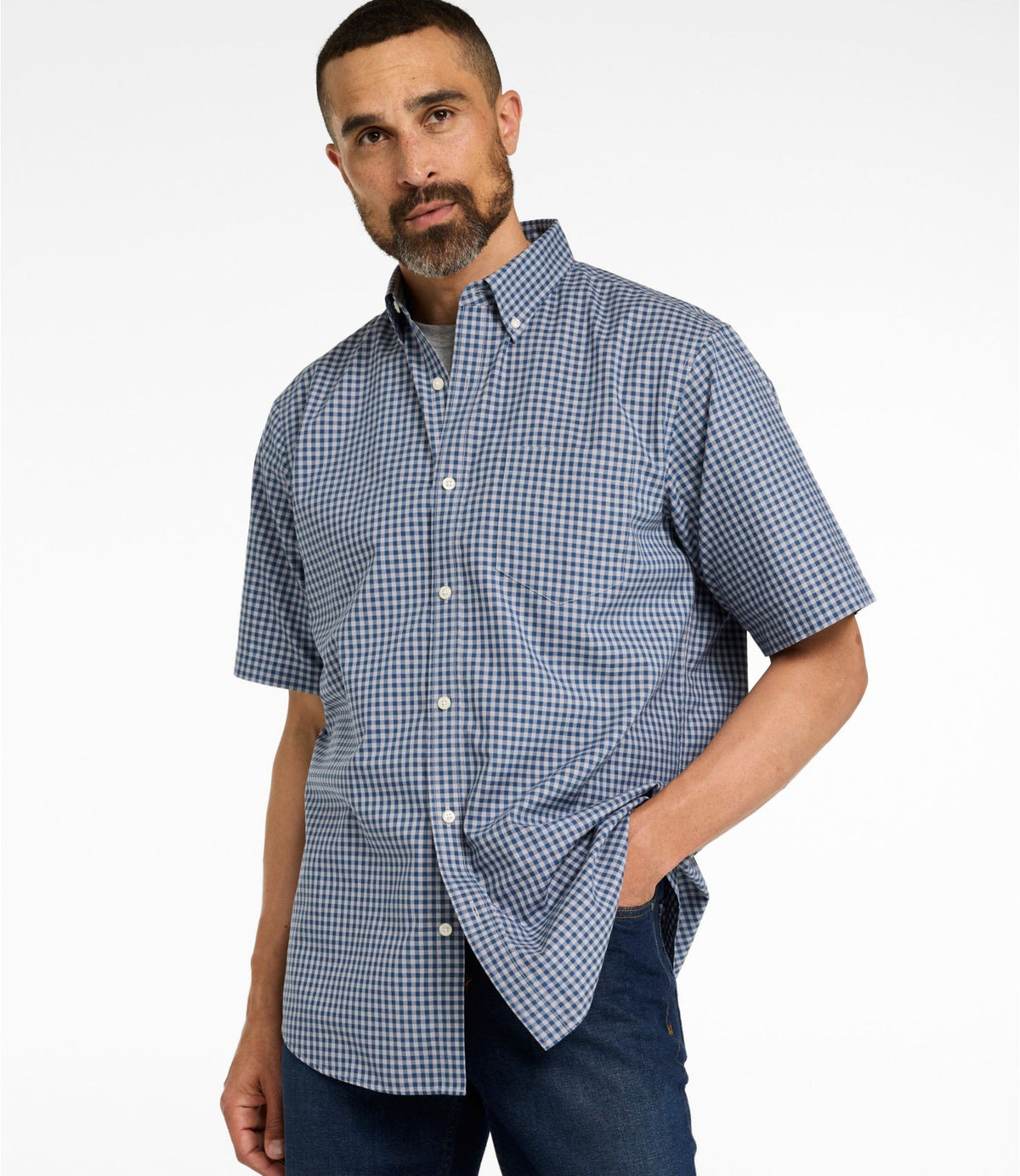 L.L.Bean Men's Wrinkle-Free Kennebunk Sport Shirt, Traditional Fit Short-Sleeve Check Bering Blue