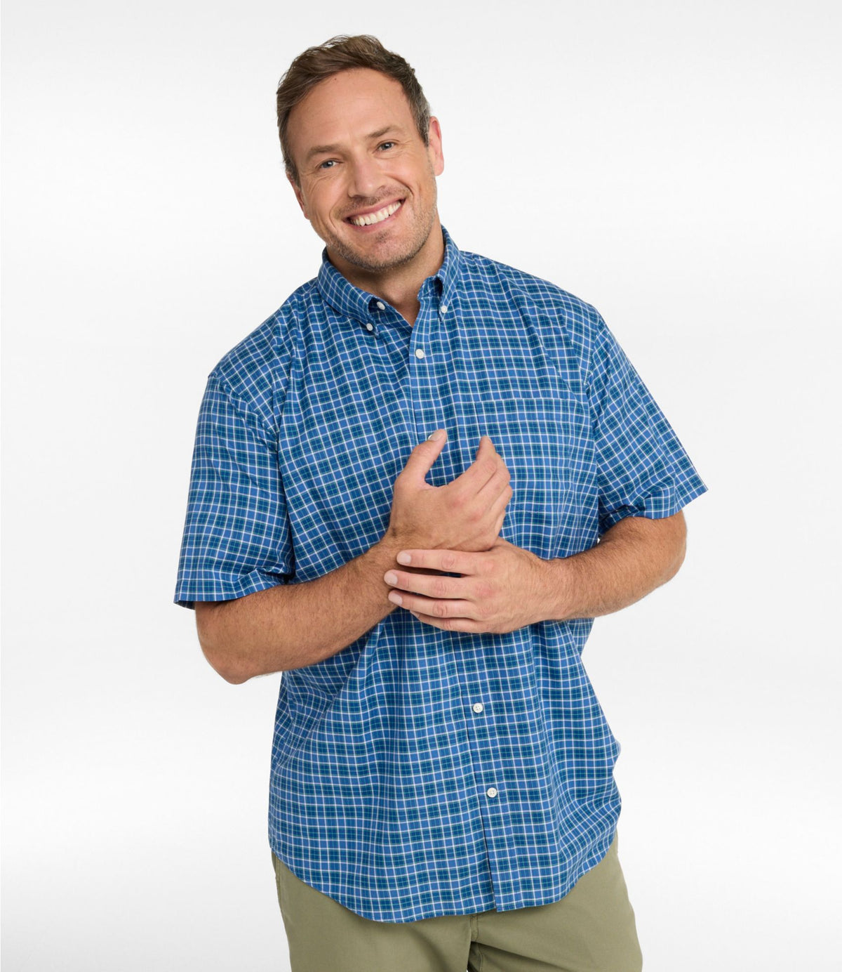 L.L.Bean Men's Wrinkle-Free Kennebunk Sport Shirt, Traditional Fit Short-Sleeve Check Bering Blue