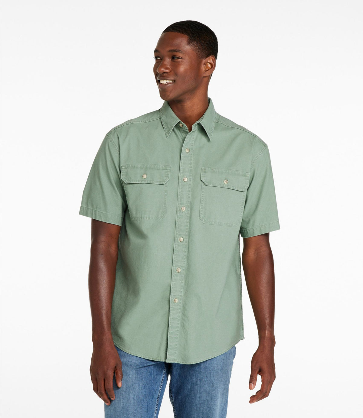L.L.Bean Men's Sunwashed Canvas Shirt, Traditional Fit Short-Sleeve Bay Leaf