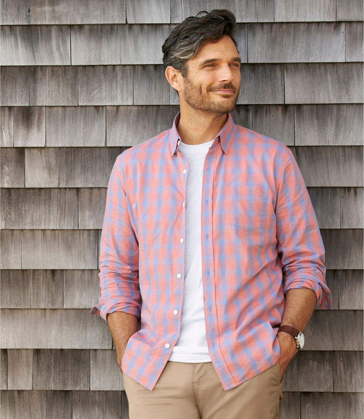 L.L.Bean Men's Comfort Stretch Performance® Shirt, Long-Sleeve, Slightly Fitted Untucked Fit, Plaid Blue Tide