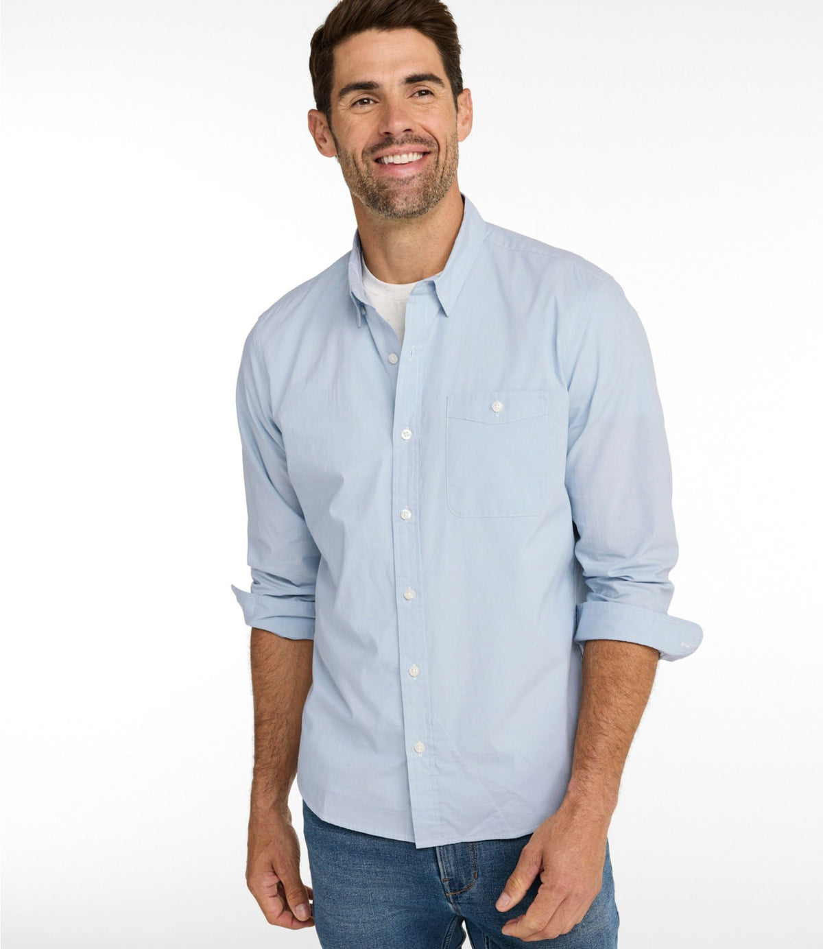 L.L.Bean Men's Comfort Stretch Performance® Chambray Shirt, Long-Sleeve, Slightly Fitted Untucked Fit Camel Brown