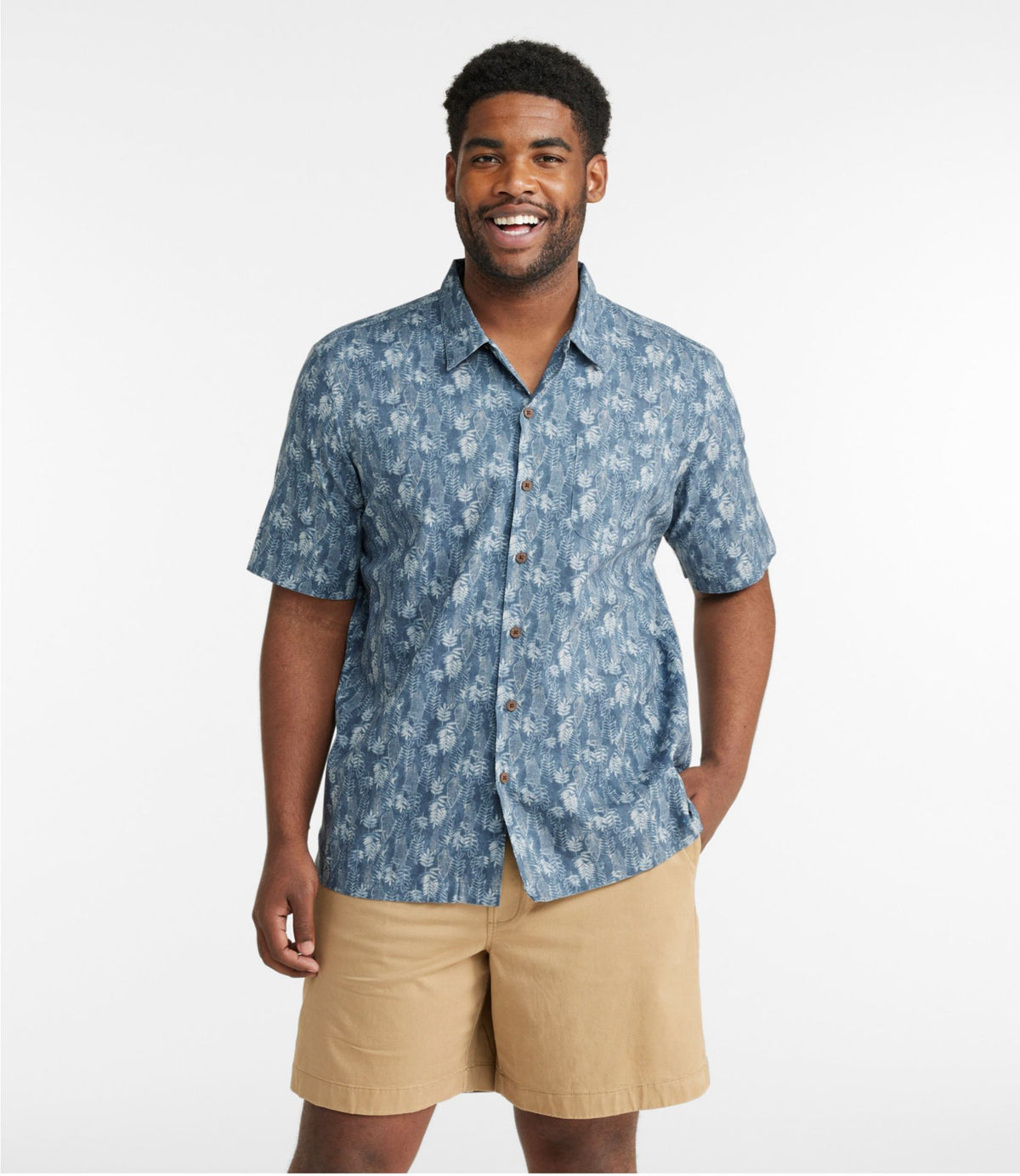 L.L.Bean Men's Tropics Shirt, Short-Sleeve Print Carbon Navy Tropical