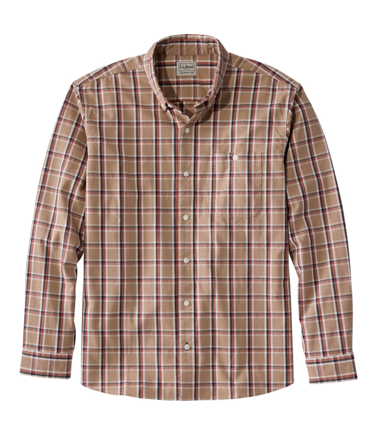 L.L.Bean Men's Comfort Stretch® Chambray Shirt, Traditional Untucked Fit, Long-Sleeve, Print Camel Brown