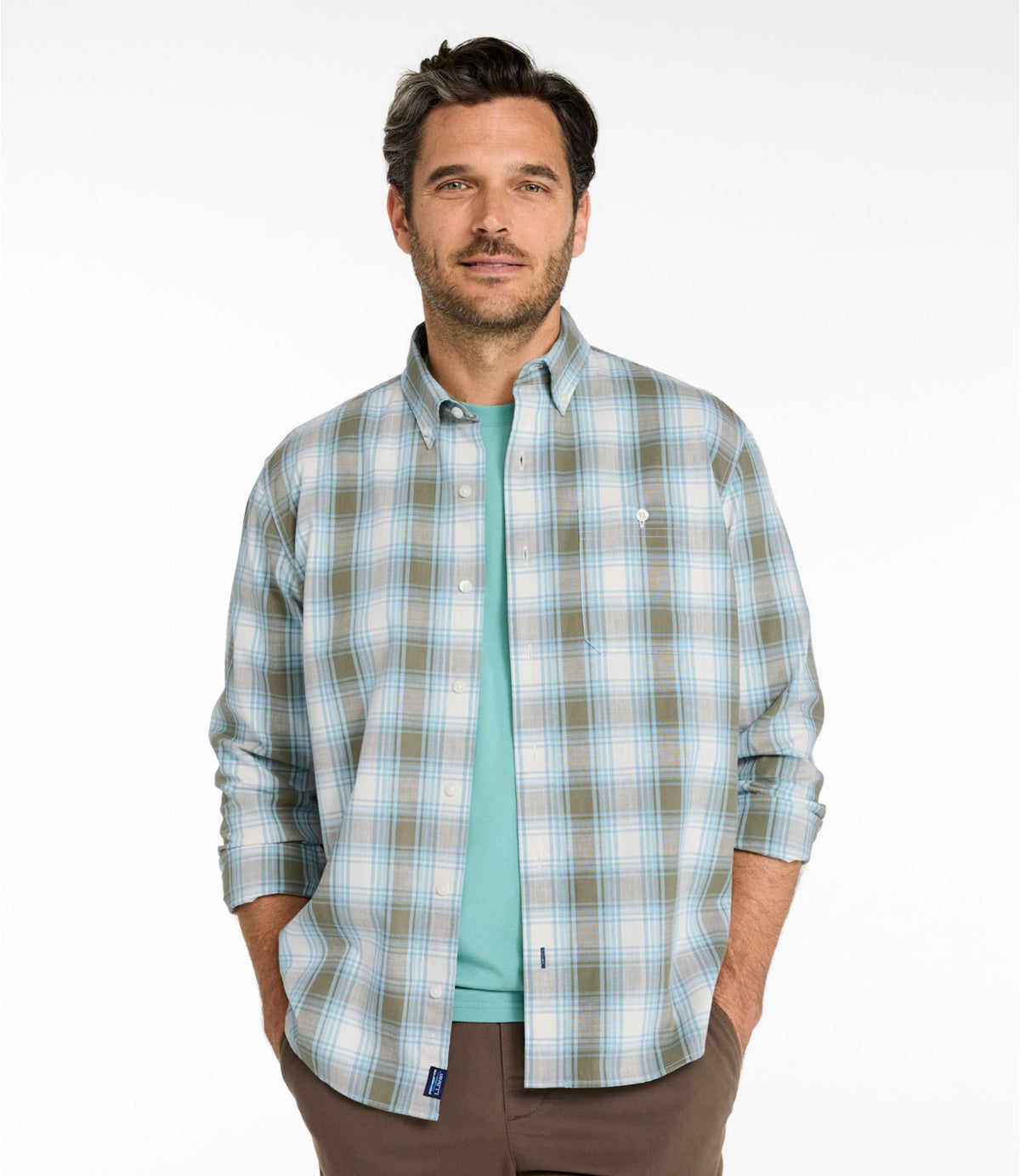 L.L.Bean Men's Comfort Stretch® Chambray Shirt, Traditional Untucked Fit, Long-Sleeve, Print Camel Brown
