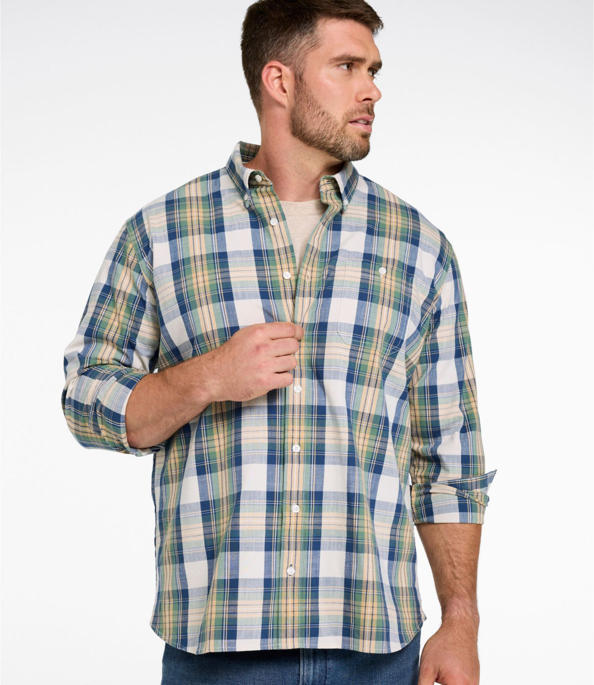 L.L.Bean Men's Comfort Stretch® Chambray Shirt, Traditional Untucked Fit, Long-Sleeve, Print Camel Brown