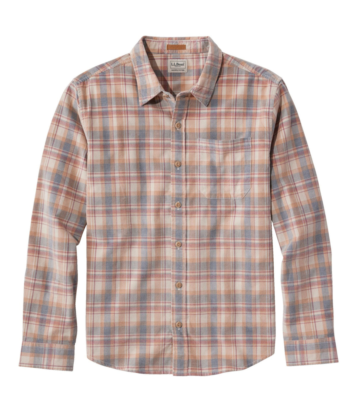 L.L.Bean Men's Sunwashed Corduroy Shirt, Slightly Fitted Untucked Fit, Plaid Faded Redwood
