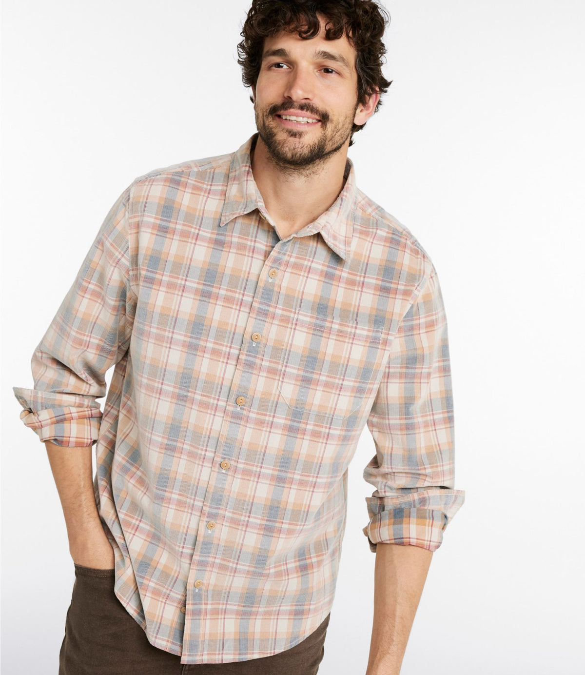 L.L.Bean Men's Sunwashed Corduroy Shirt, Slightly Fitted Untucked Fit, Plaid Faded Redwood