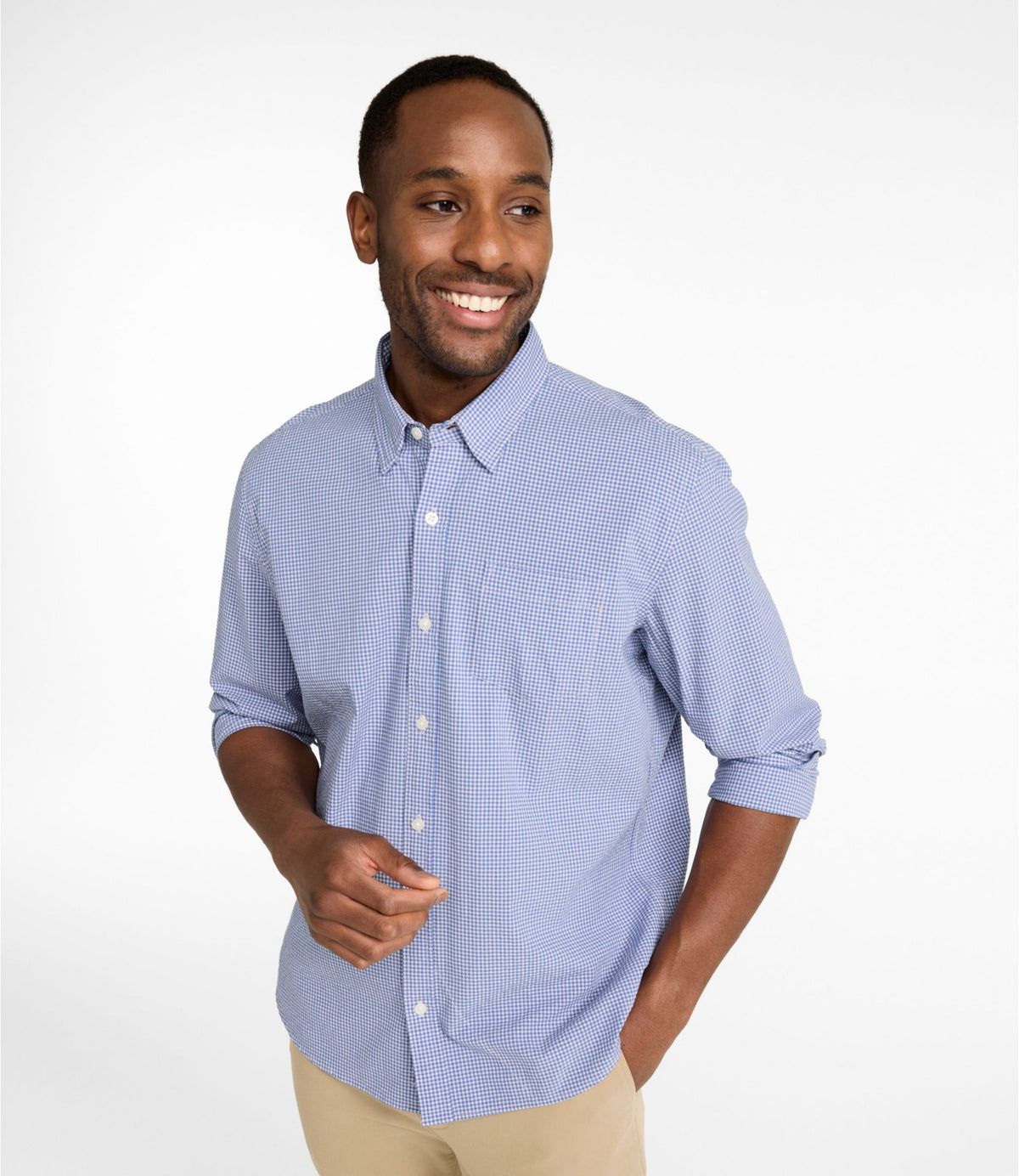 L.L.Bean Men's Comfort Stretch Performance® Seersucker Shirt, Long-Sleeve, Slightly Fitted Untucked Fit, Plaid Pale Rose