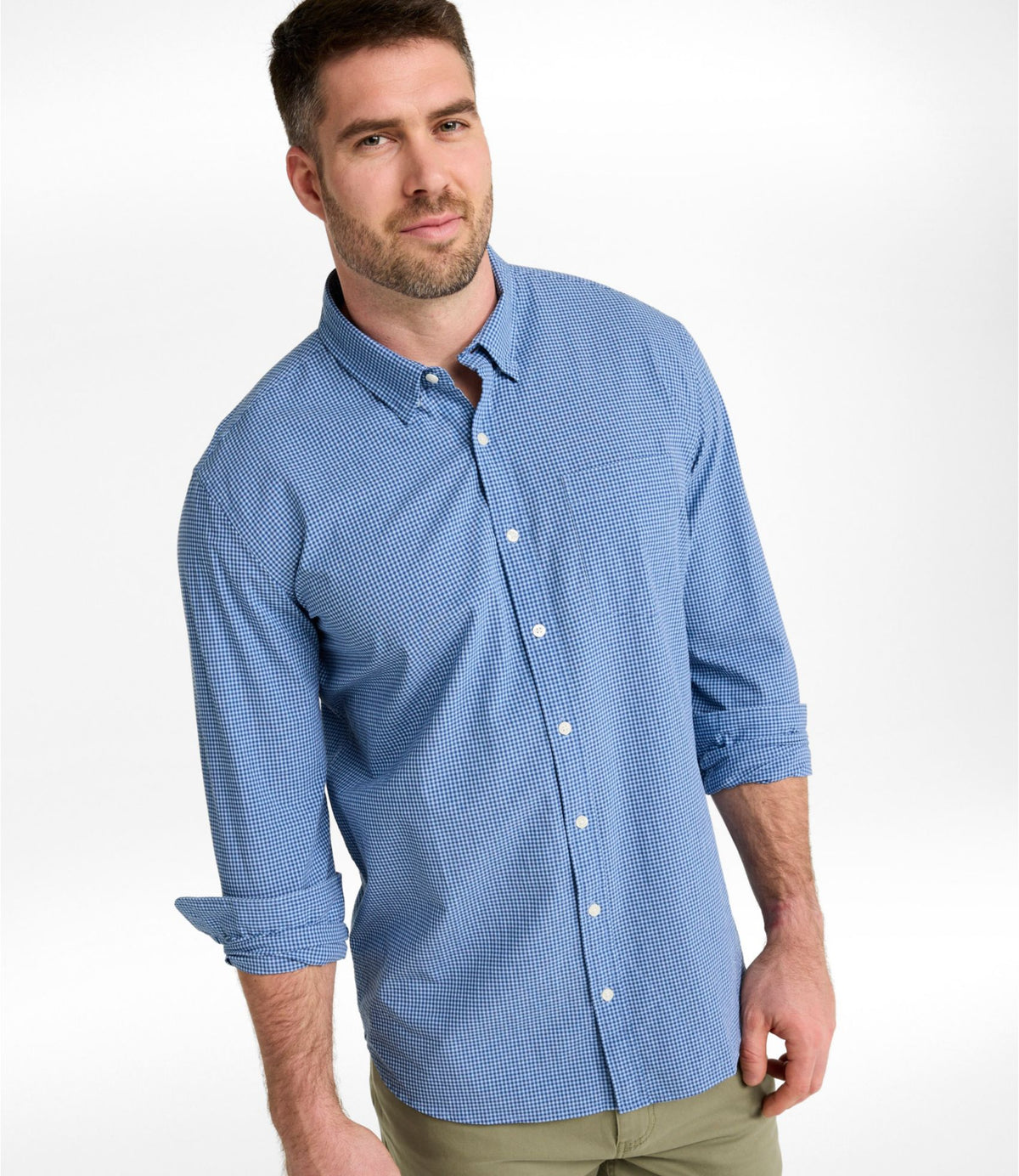 L.L.Bean Men's Comfort Stretch Performance® Seersucker Shirt, Long-Sleeve, Slightly Fitted Untucked Fit, Plaid Pale Rose