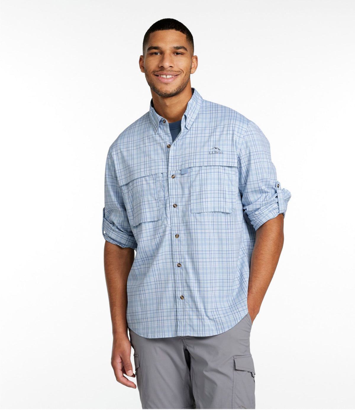 L.L.Bean Men's Tropicwear Shirt, Plaid Long-Sleeve Surf Blue