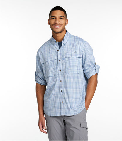 L.L.Bean Men's Tropicwear Shirt, Plaid Long-Sleeve Surf Blue