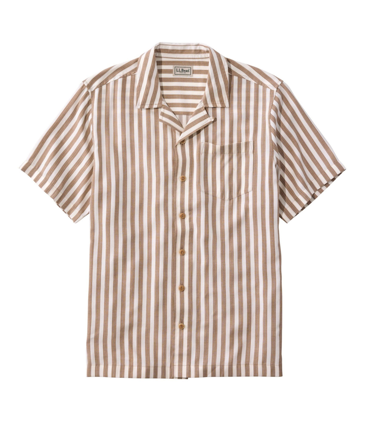 L.L.Bean Men's Sunwashed Summer Shirt, Slightly Fitted Untucked Fit Camel Brown Stripe