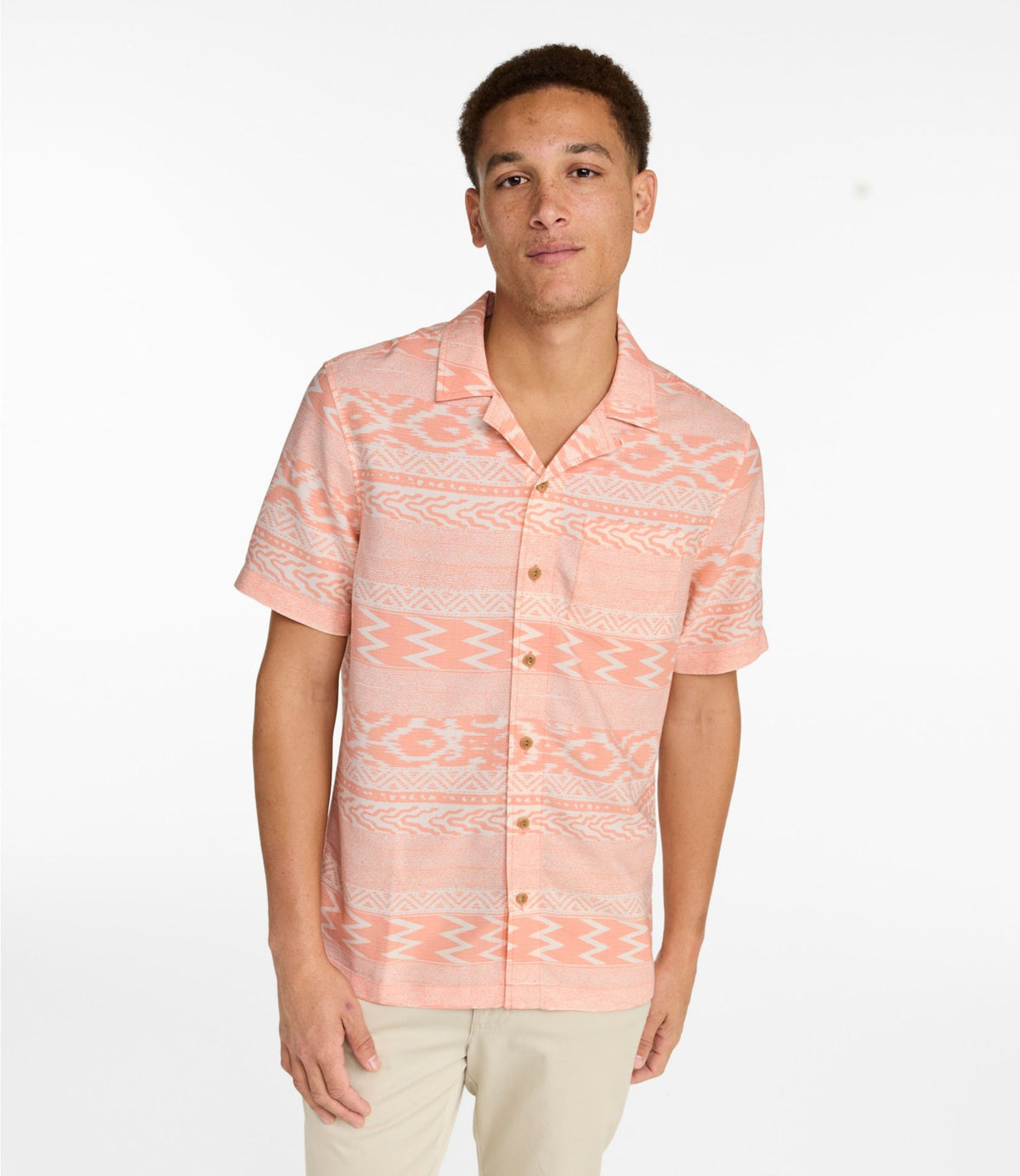 L.L.Bean Men's Sunwashed Summer Shirt, Slightly Fitted Untucked Fit Camel Brown Stripe