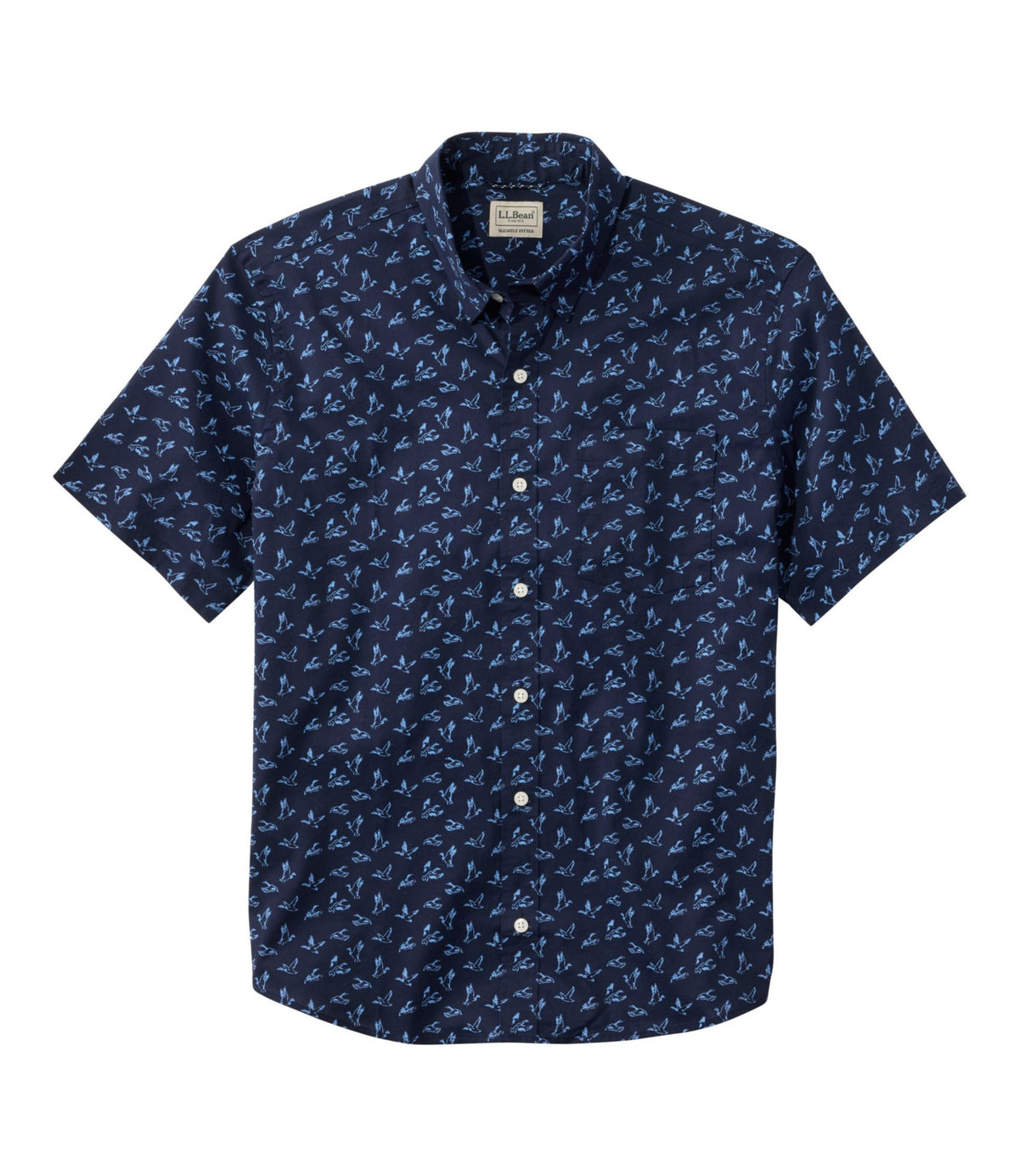 L.L.Bean Men's Comfort Stretch Performance® Shirt, Short-Sleeve, Slightly Fitted Untucked Fit, Print Classic Navy Ducks