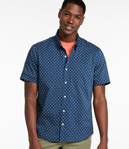 L.L.Bean Men's Comfort Stretch Performance® Shirt, Short-Sleeve, Slightly Fitted Untucked Fit, Print Classic Navy Ducks