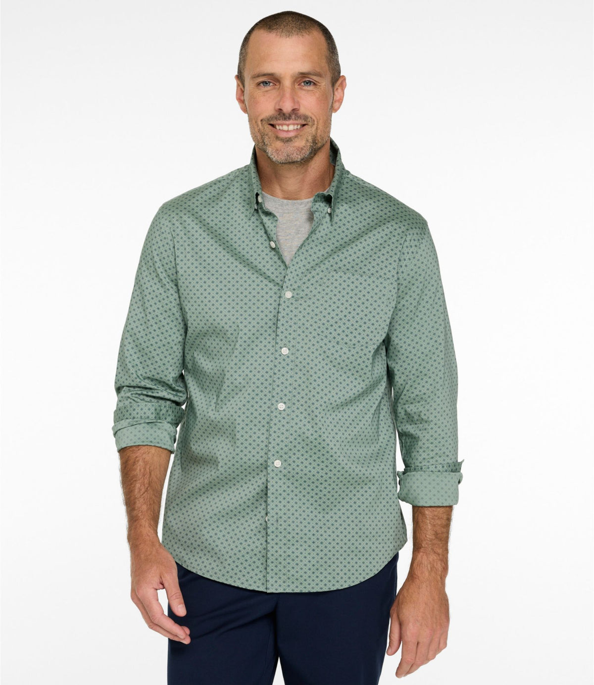 L.L.Bean Men's Comfort Stretch Performance® Shirt, Long-Sleeve, Slightly Fitted Untucked Fit, Print Faded Sage Lattice