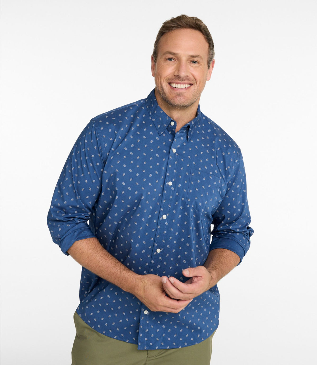 L.L.Bean Men's Comfort Stretch Performance® Shirt, Long-Sleeve, Slightly Fitted Untucked Fit, Print Faded Sage Lattice