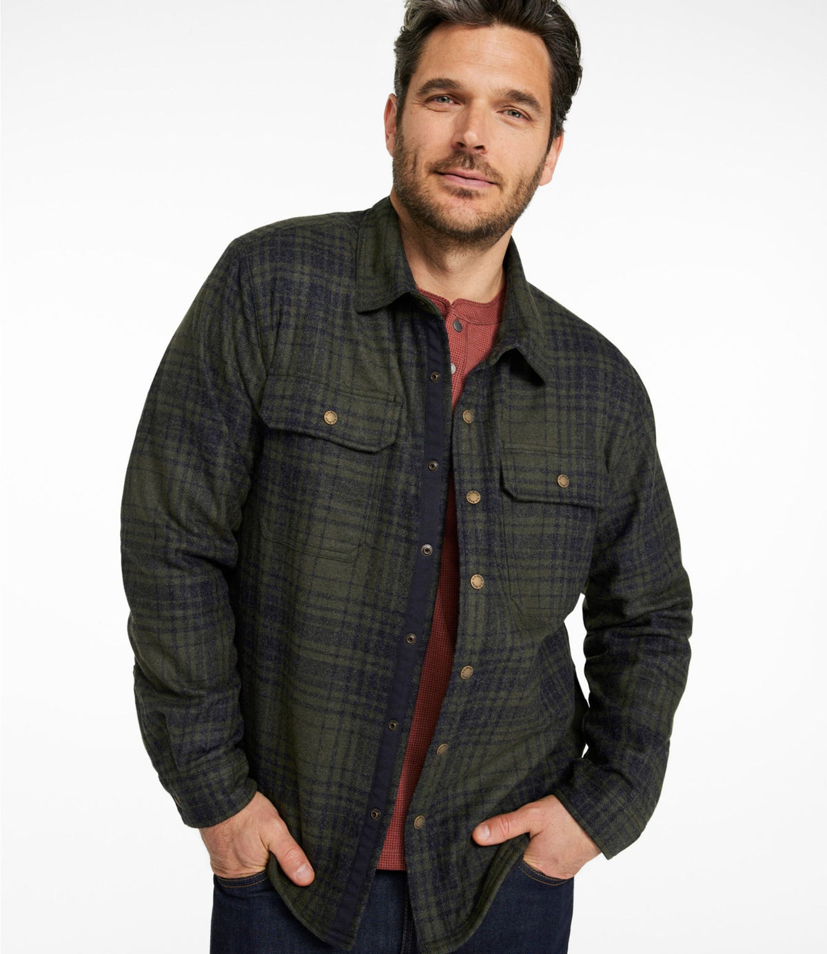 L.L.Bean Men's Maine Guide Lightweight Lined Wool Field Shirt, Plaid Forest Shade Plaid