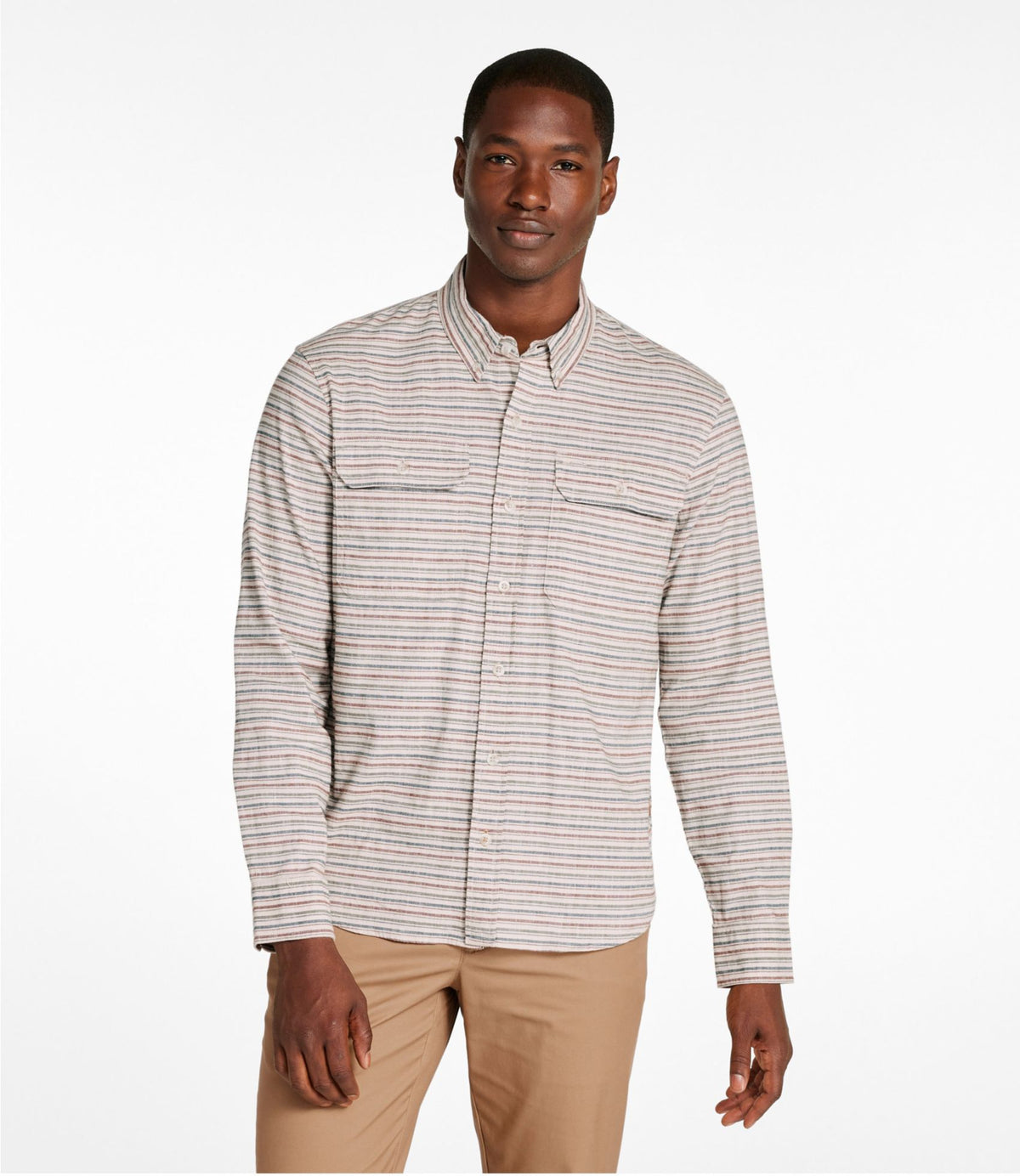 L.L.Bean Men's Stonecoast Hemp Shirt, Long-Sleeve, Slightly Fitted Untucked Fit, Stripe Silver Birch