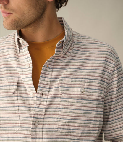 L.L.Bean Men's Stonecoast Hemp Shirt, Long-Sleeve, Slightly Fitted Untucked Fit, Stripe Silver Birch