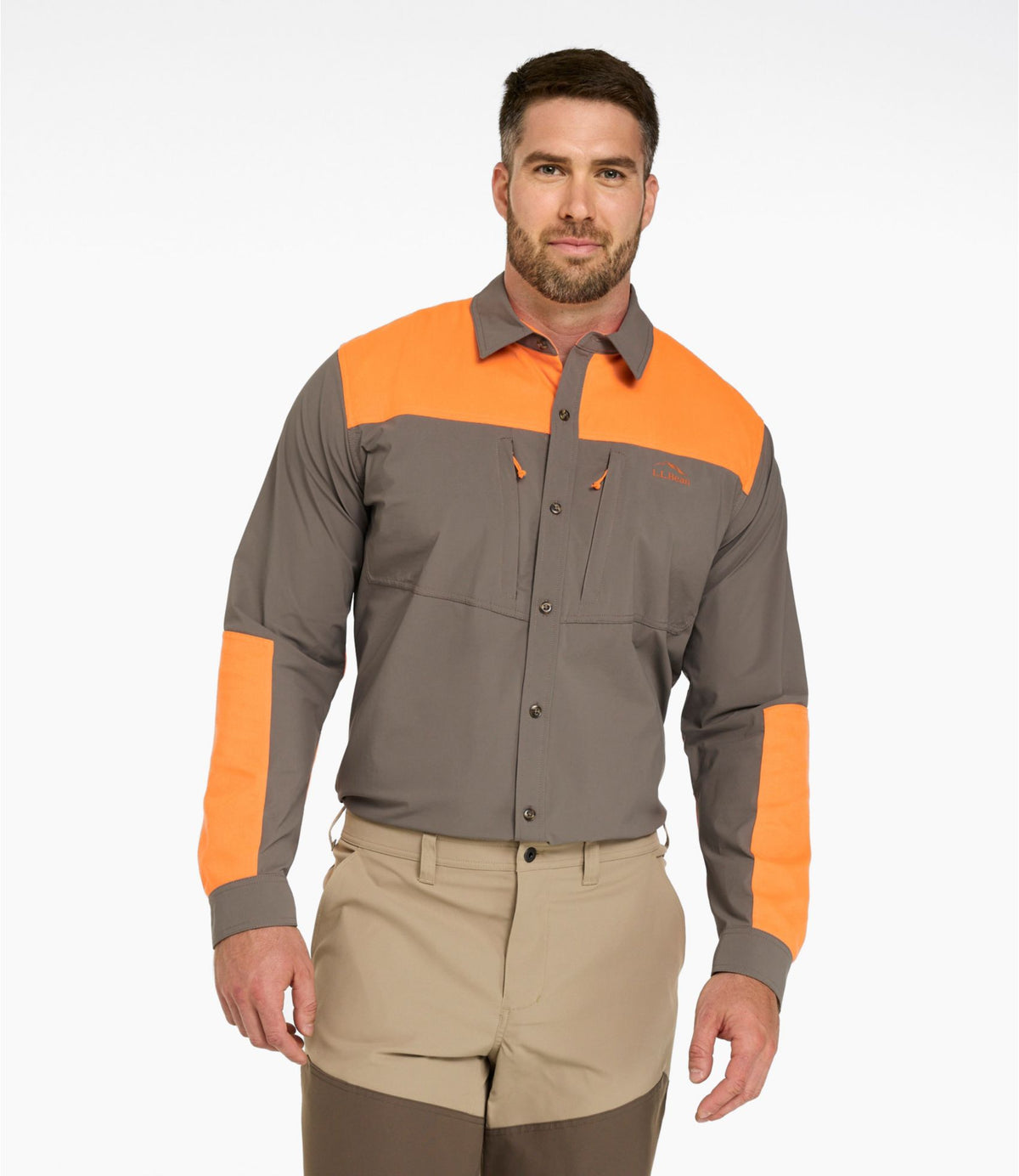 L.L.Bean Men's Technical Stretch Upland Shirt with No Fly Zone Ash/Hunter Orange
