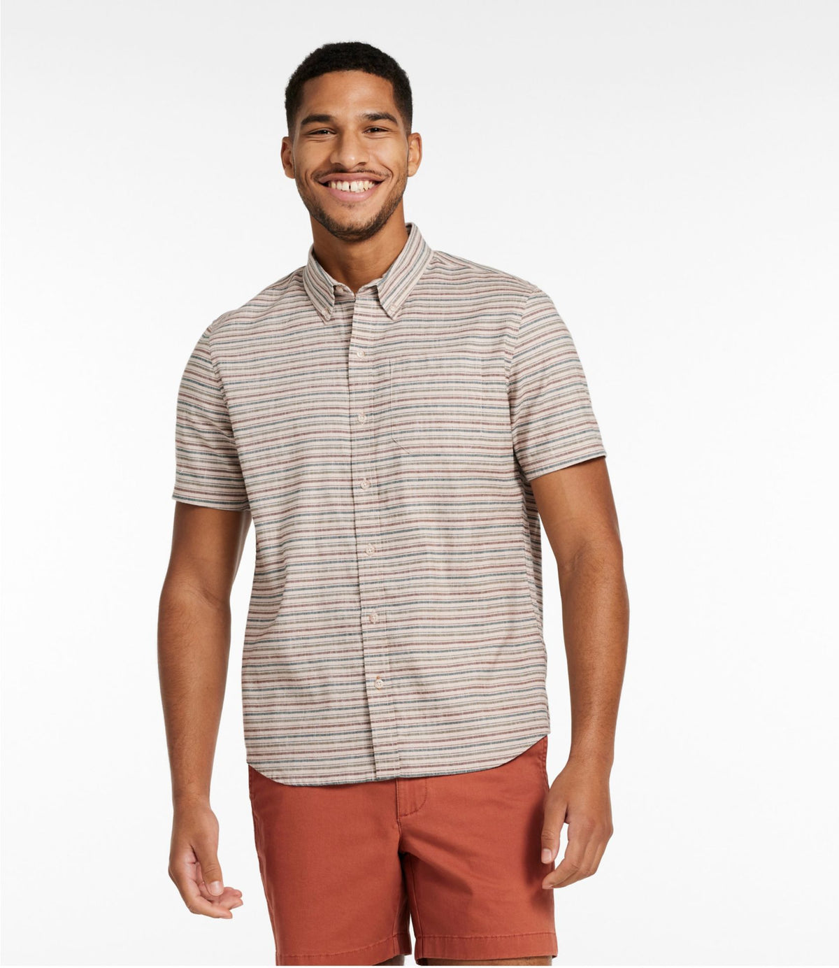 L.L.Bean Men's Stonecoast Hemp Shirt, Short-Sleeve, Slightly Fitted Untucked Fit, Stripe Silver Birch