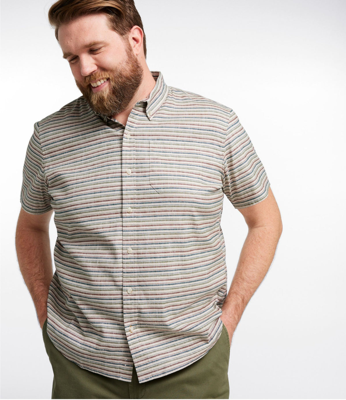 L.L.Bean Men's Stonecoast Hemp Shirt, Short-Sleeve, Slightly Fitted Untucked Fit, Stripe Silver Birch