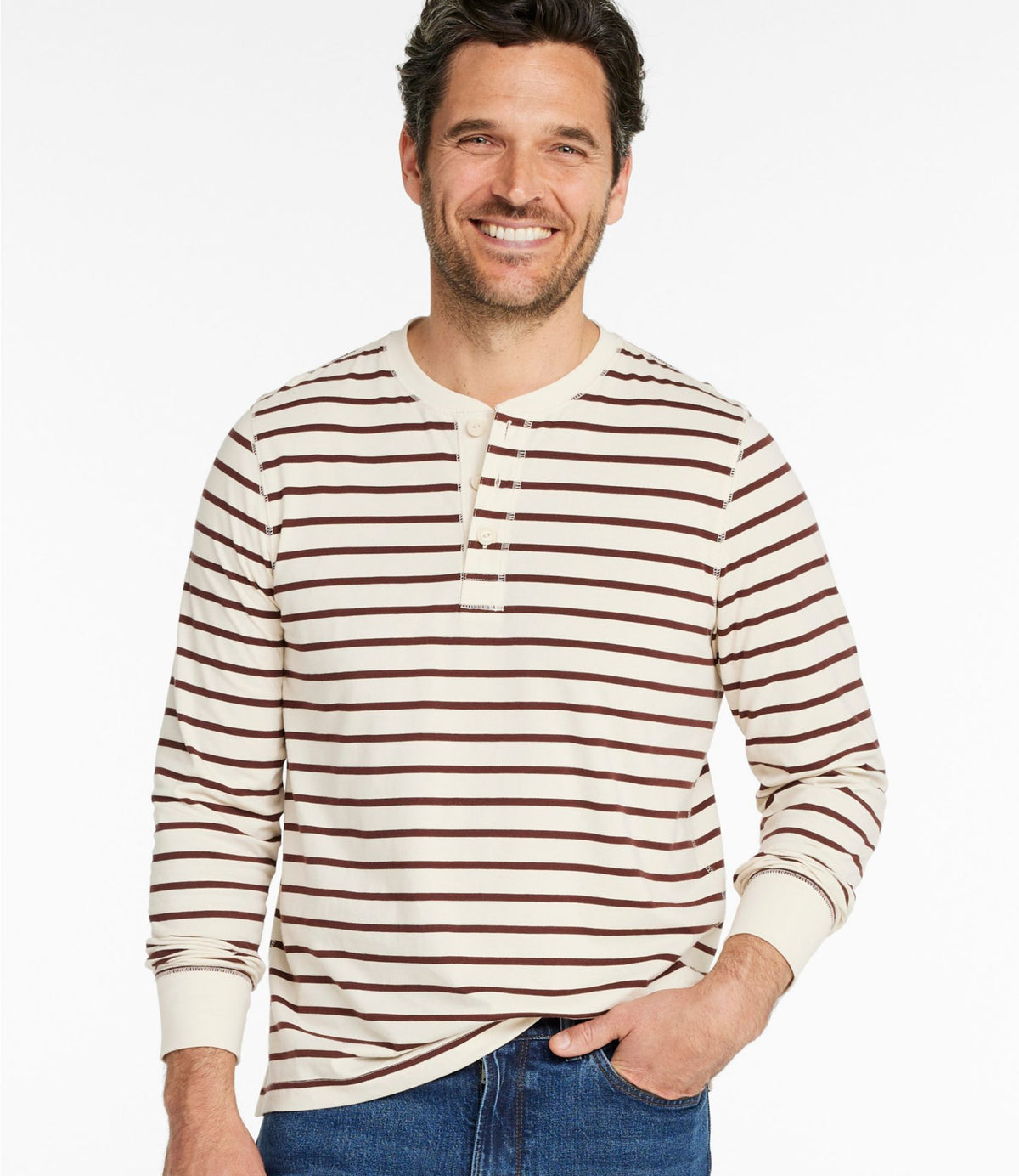 L.L.Bean Men's Signature Northwoods Henley, Long-Sleeve, Stripe Natural