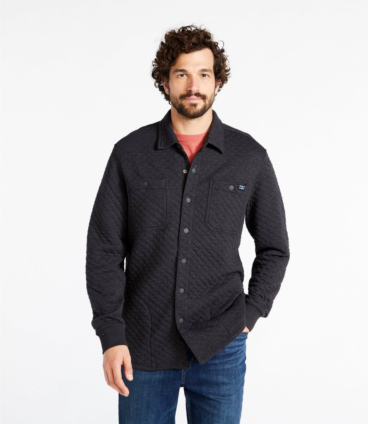 L.L.Bean Men's Quilted Sweatshirts, Snap Overshirt Dark Charcoal Heather