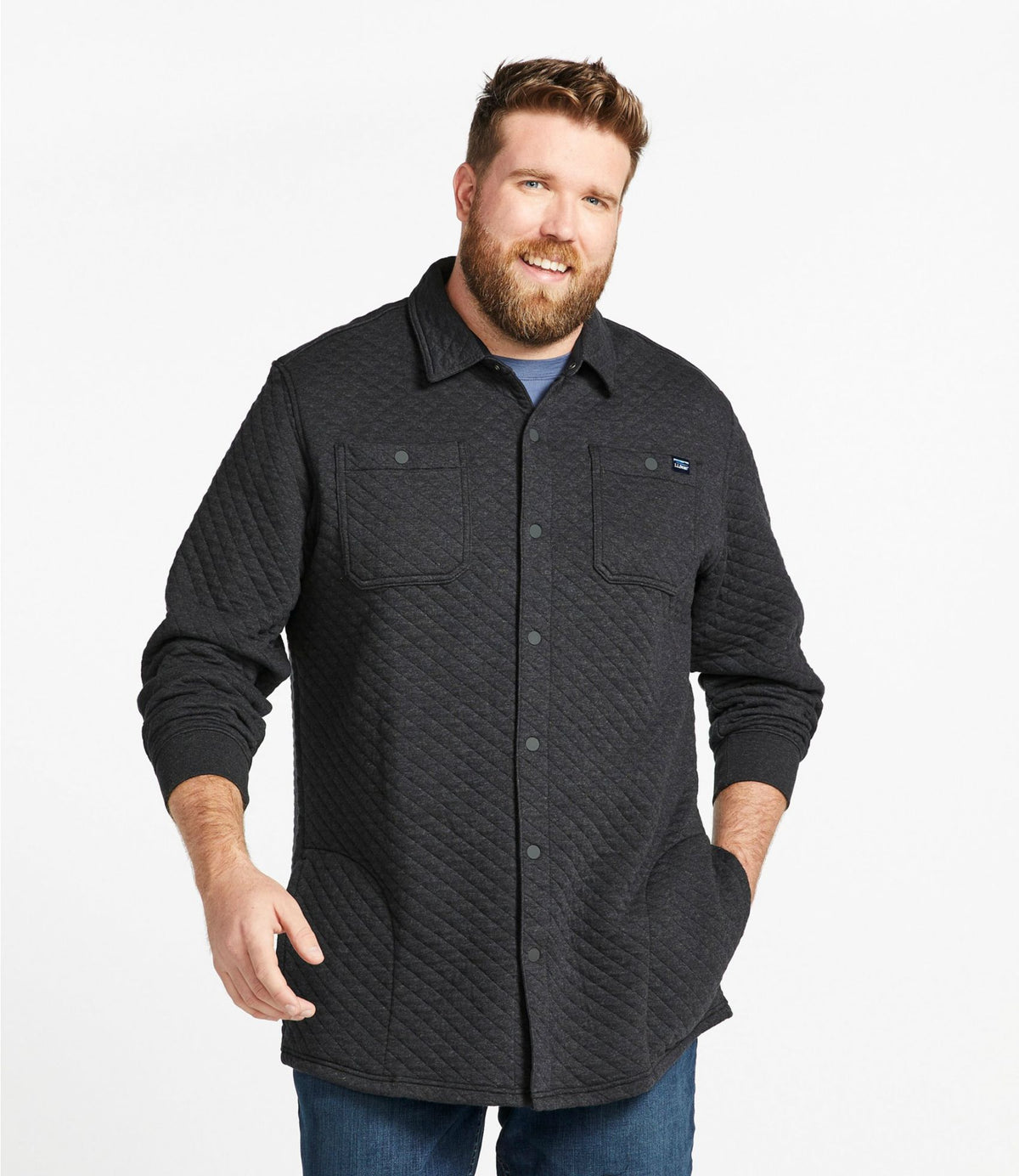 L.L.Bean Men's Quilted Sweatshirts, Snap Overshirt Dark Charcoal Heather
