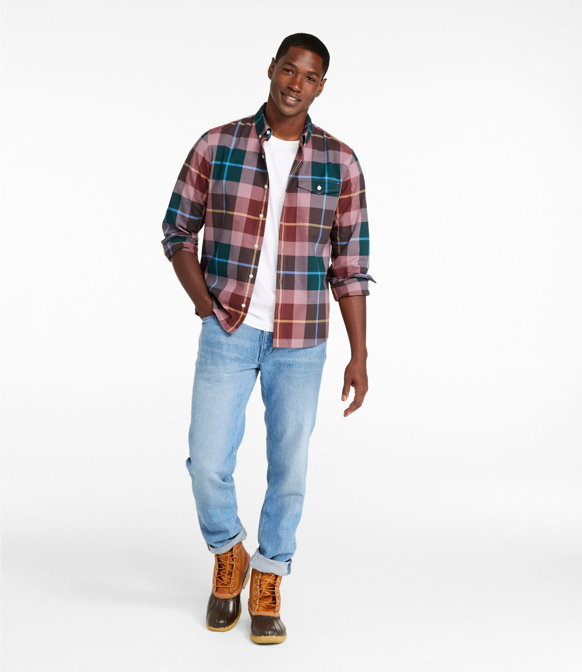 L.L.Bean Men's Signature Premium Pima Cotton Oxford Shirt, Long-Sleeve Barley Plaid