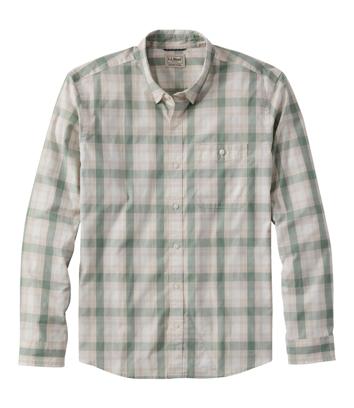 L.L.Bean Men's Comfort Stretch Performance® Chambray Shirt, Long-Sleeve, Slightly Fitted Untucked Fit, Plaid Faded Sage